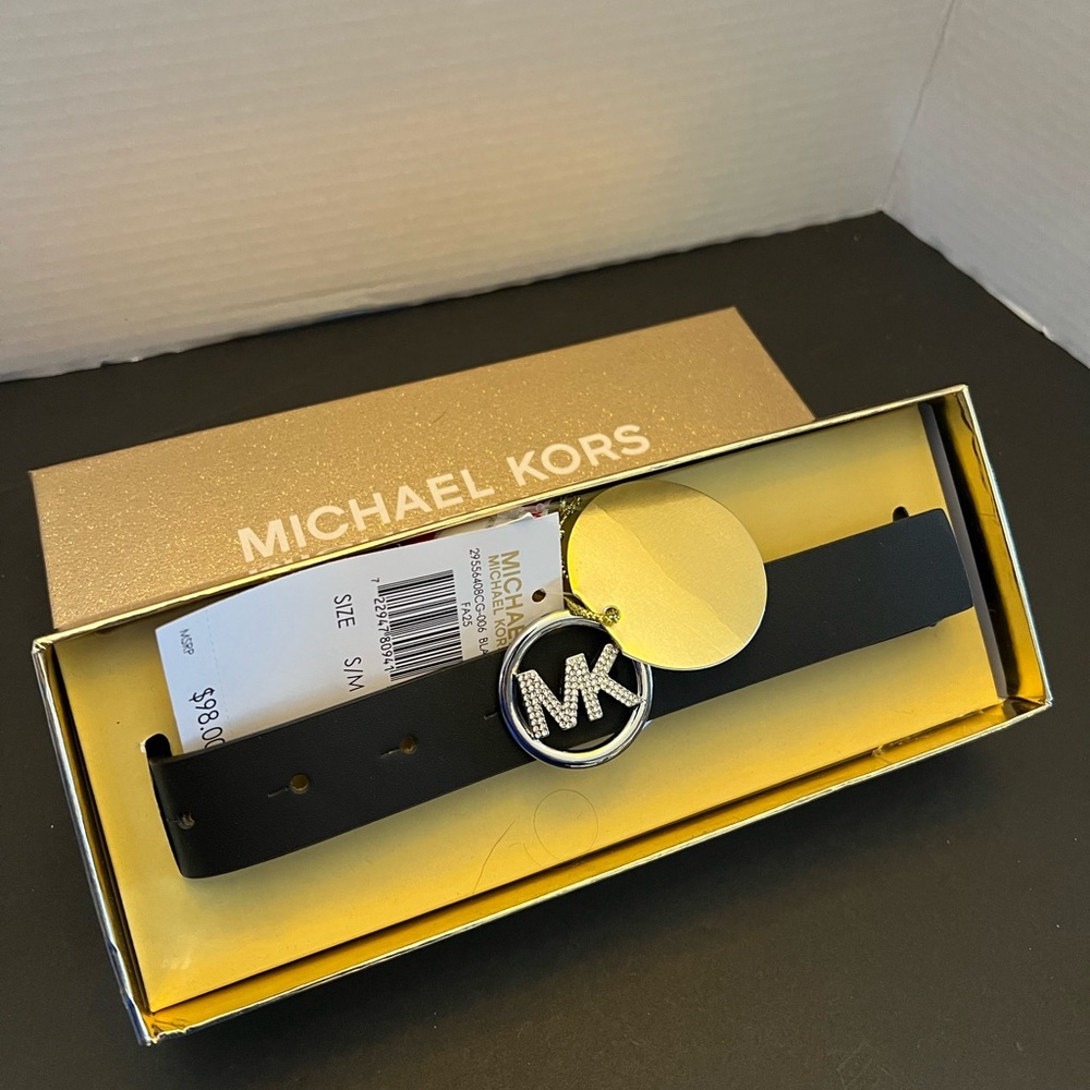 NIB S/M Pave Michael Kors Women's Black Polished Nickel 25mm MK Logo Belt